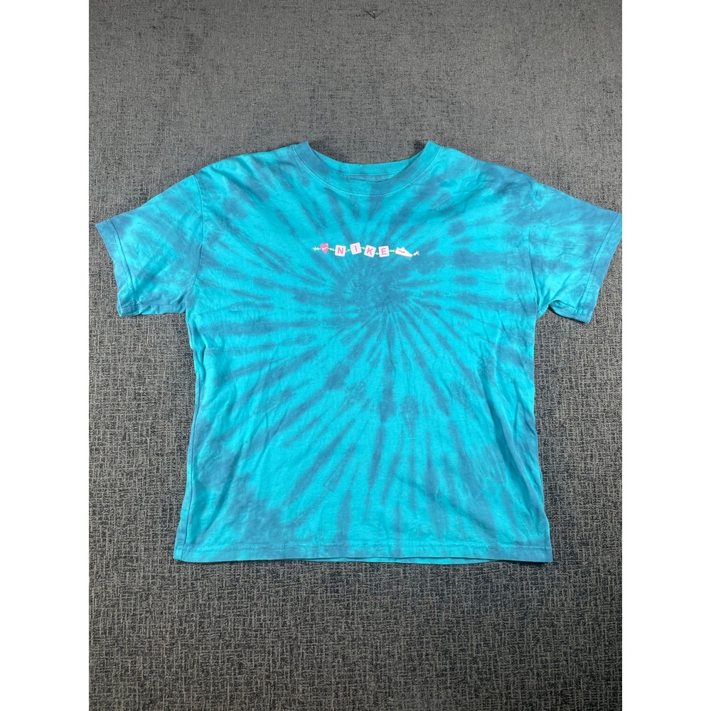 Nike Girls Blue Tie Dye Spiral Graphic T-Shirt Loose Fit Size Large L
